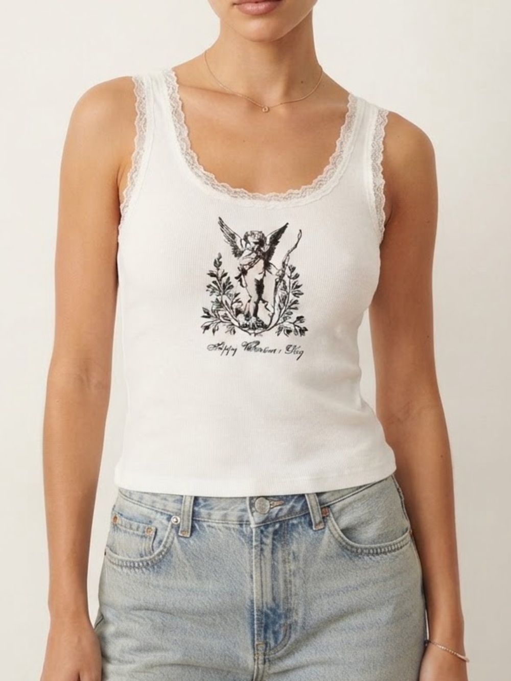 Brandy Melville White Lace-Trim Cherub Tank